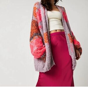 The Free Super Soft Boho Floral Pink and Orange Oversized Cardigan Sweater
